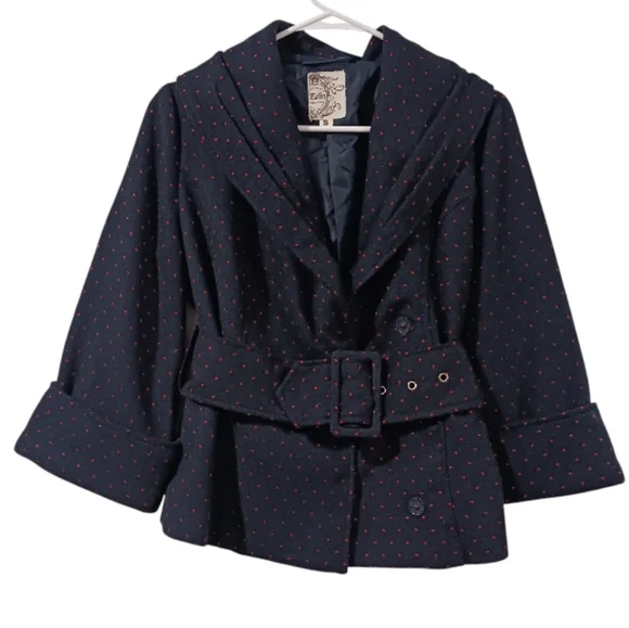 Belted Cropped Polka Dot Pea Coat Navy Red - Picture 8 of 12